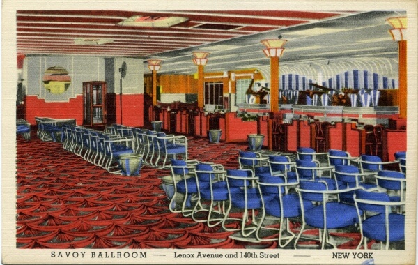 A colored postcard of the savoy ballroom